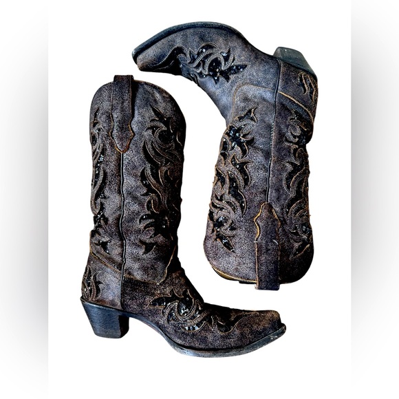 Corrals Women’s dark distressed leather sequin embellishments tall boots Sz 9.5 - Picture 1 of 9